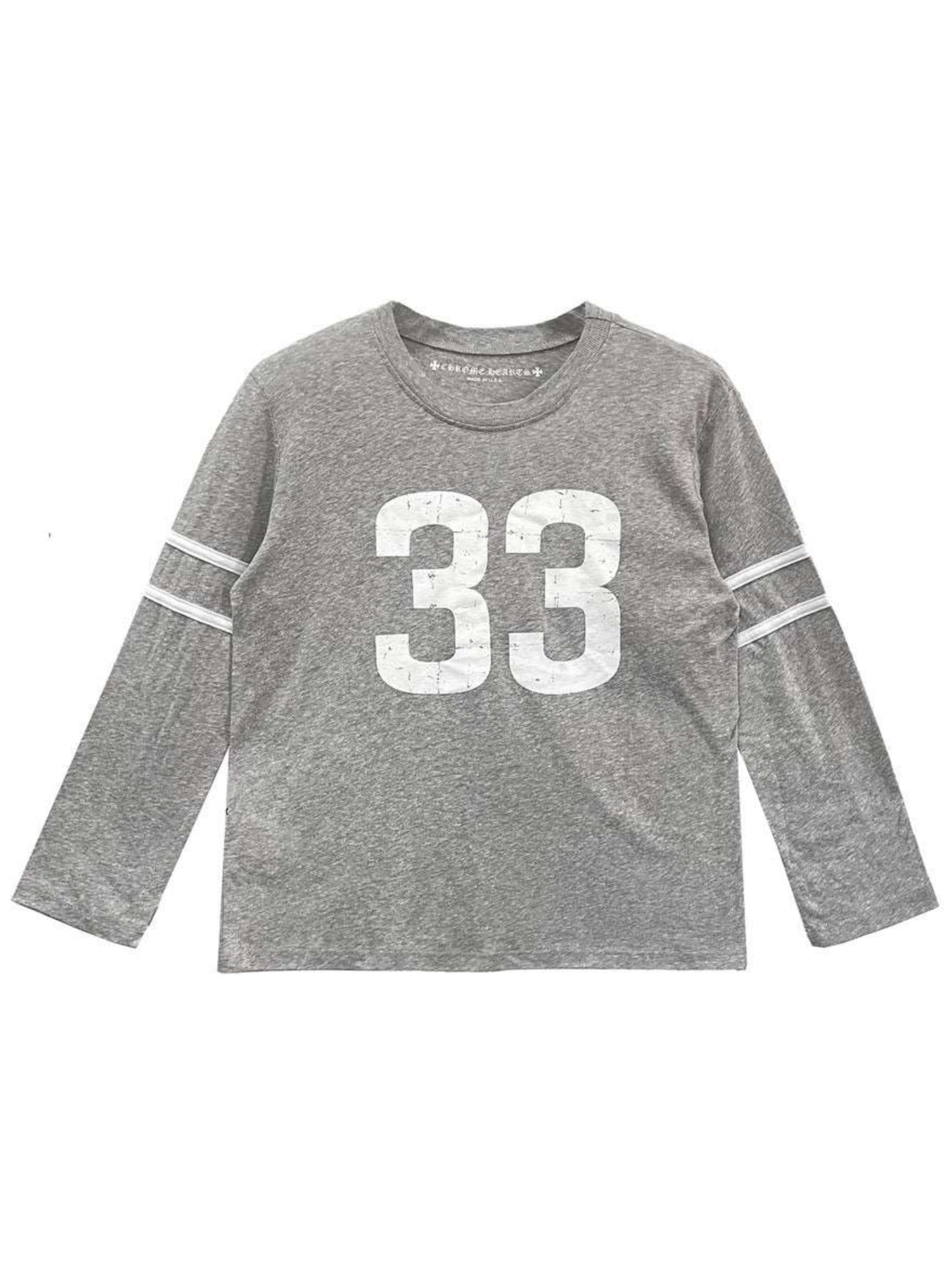 Chrome Hearts White Stripe Sleeve Destroyed 33 Front Horseshoe Logo Back LS Tee Grey