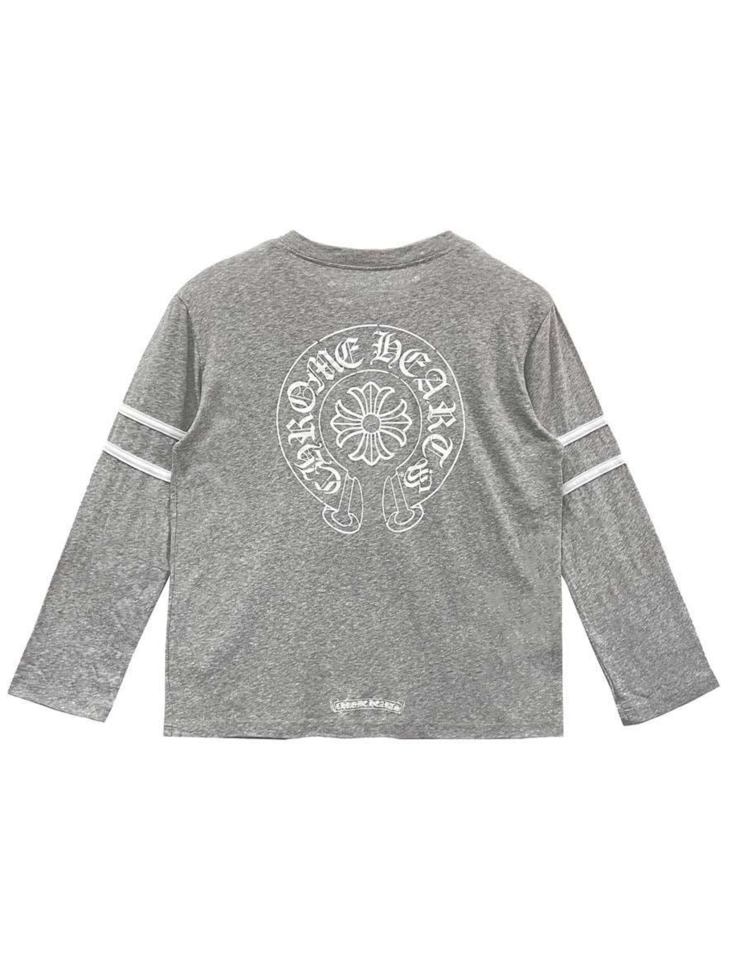 Chrome Hearts White Stripe Sleeve Destroyed 33 Front Horseshoe Logo Back LS Tee Grey