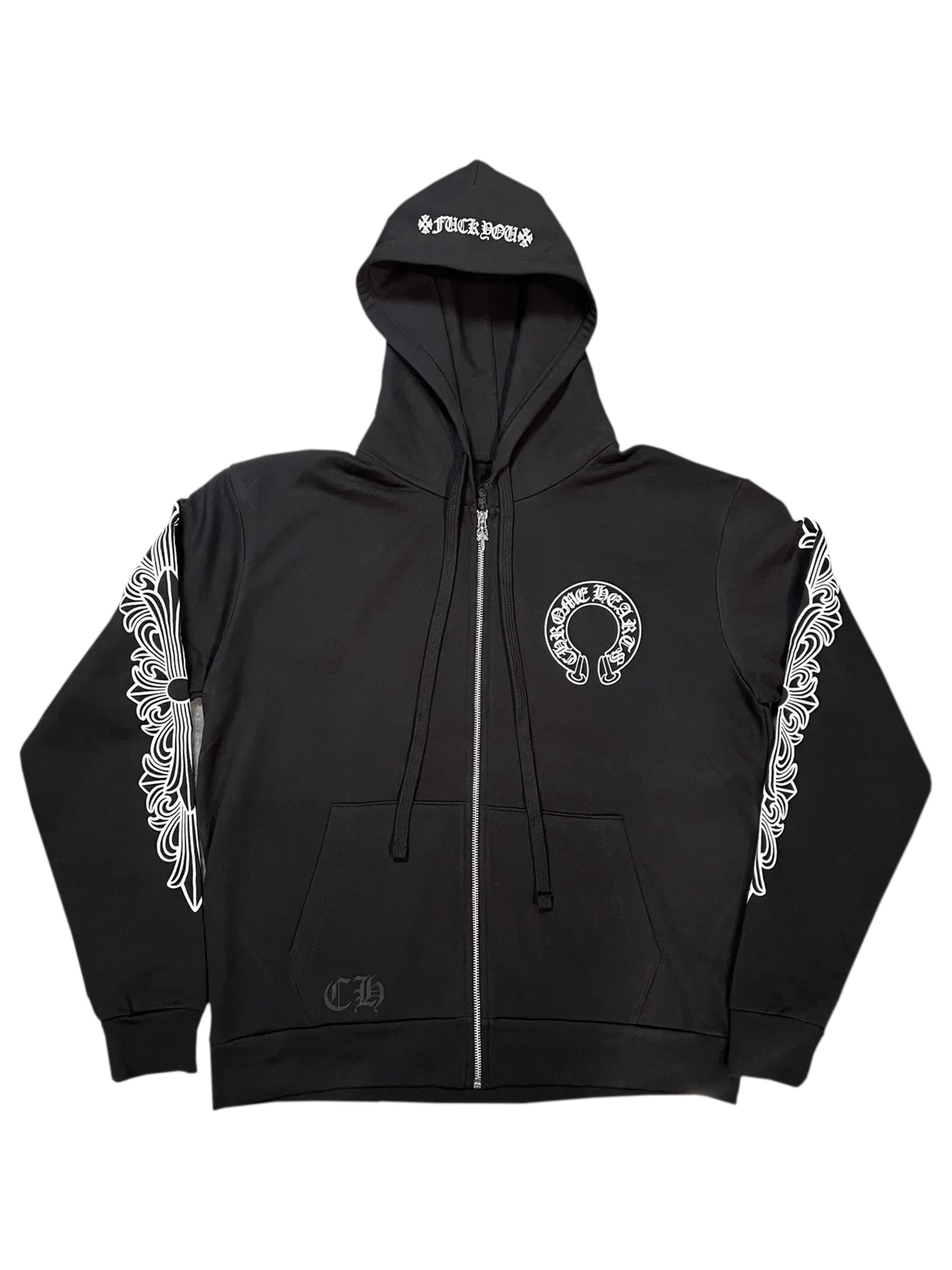 Chrome Hearts Horseshoe Logo Floral Sleeve Fxxk You Print on Hood Zip Hoodie Black