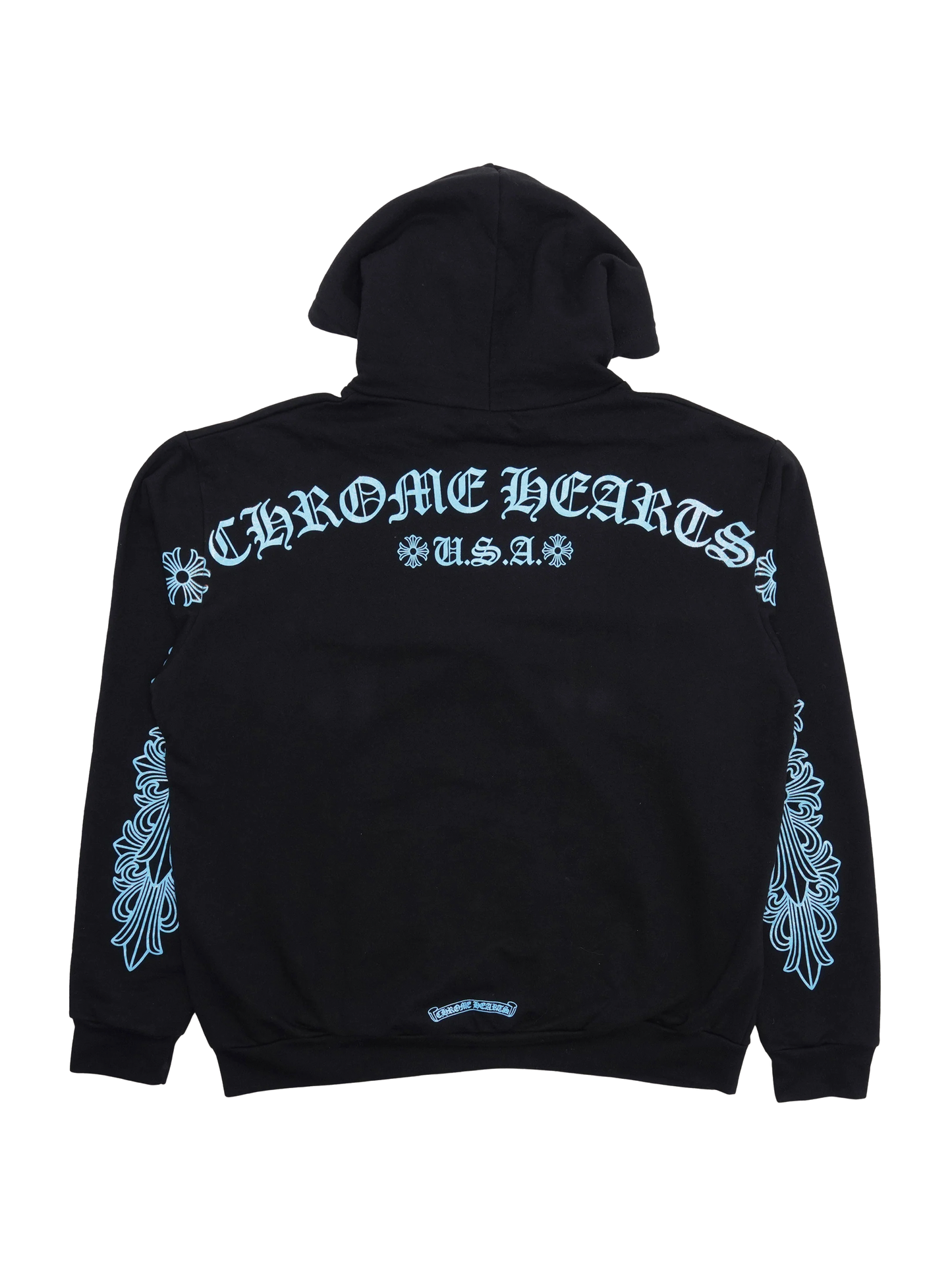 Chrome Hearts Family & Friend Exclusive Baby Blue Print Horseshoe Logo Front Floral Sleeve USA Shoulder Logo Back Hoodie Black