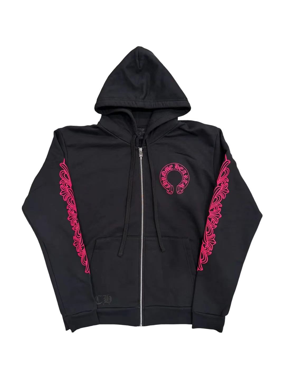 Chrome Hearts Pink Horseshoe Logo Floral Zip Hoodie Black