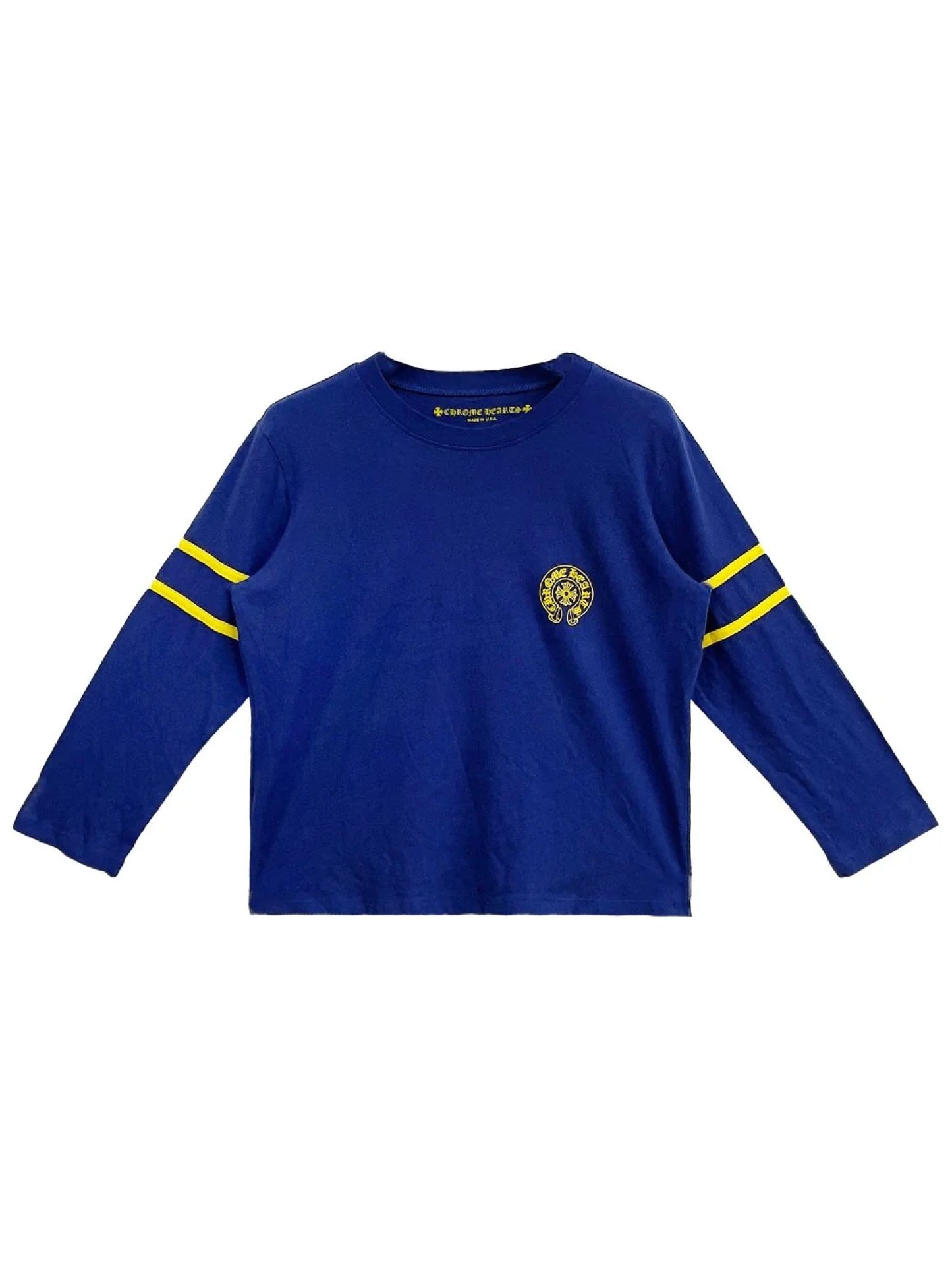 Chrome Hearts Yellow Stripe Sleeve Horseshoe Logo Front 33 Back LS Tee Blue