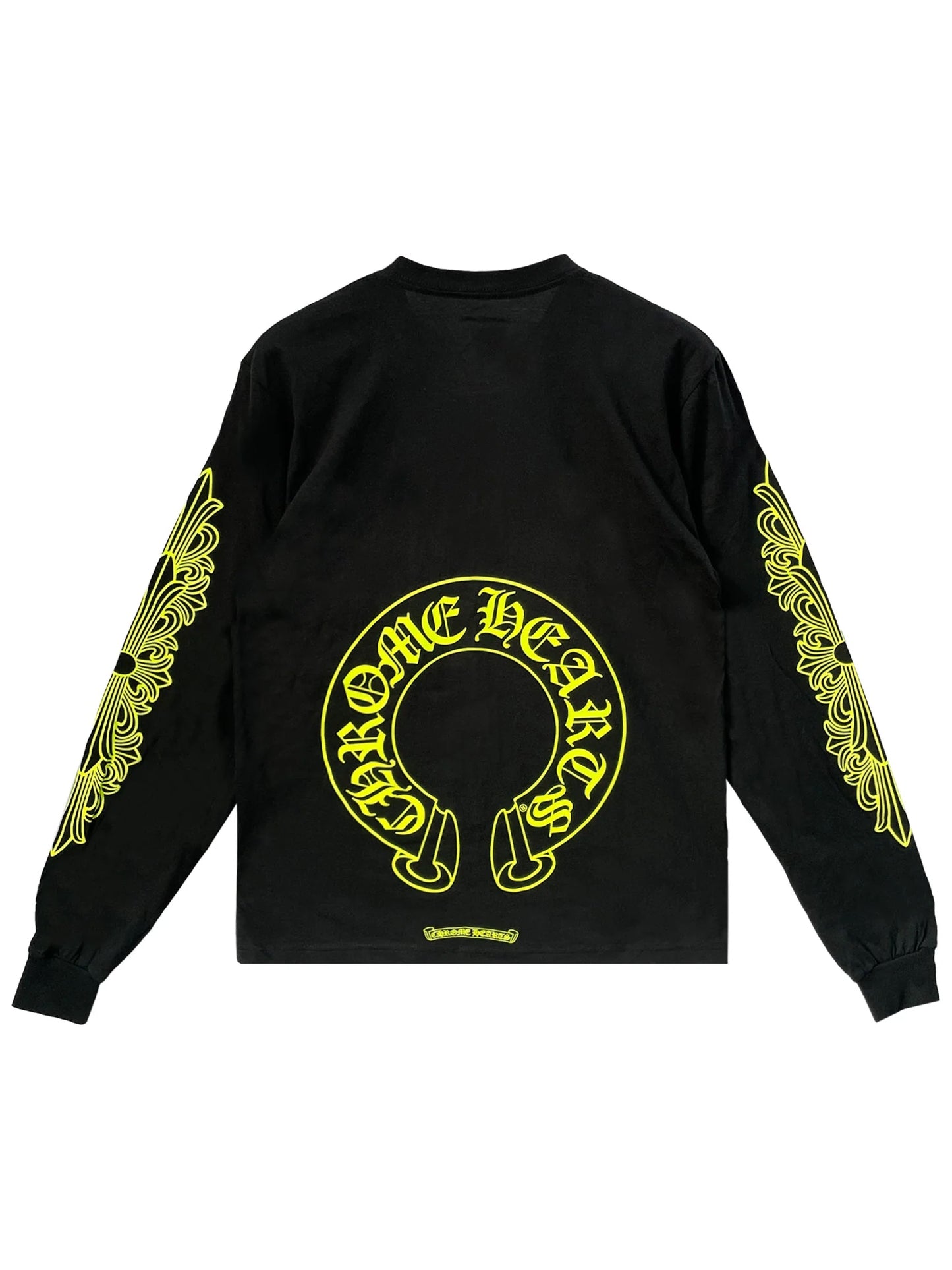 Chrome Hearts Neon Green Horseshoe Logo Floral Sleeve LS Tee Black