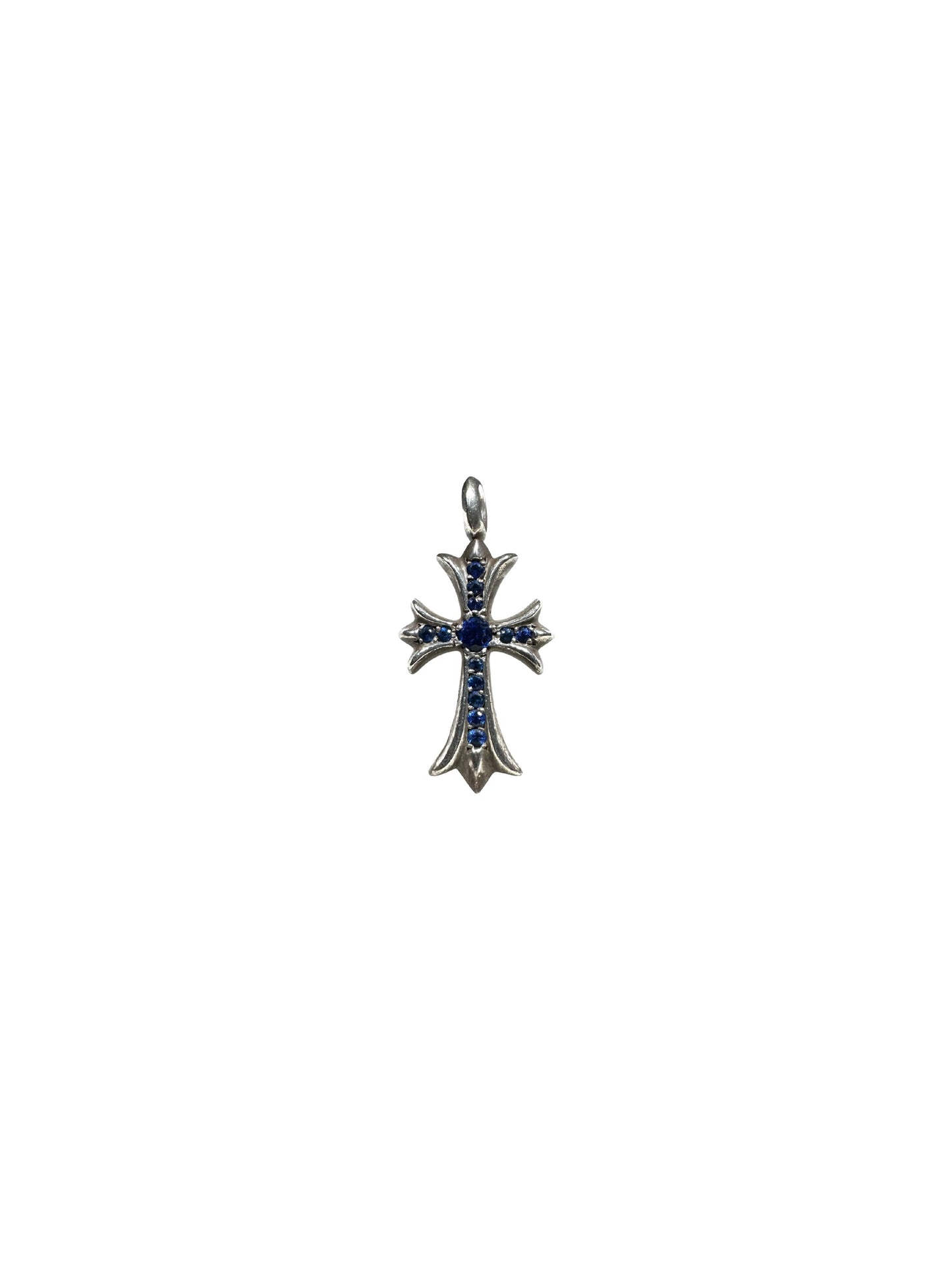 Chrome Hearts Blue Sapphire Tiny CH Cross Silver Pendant