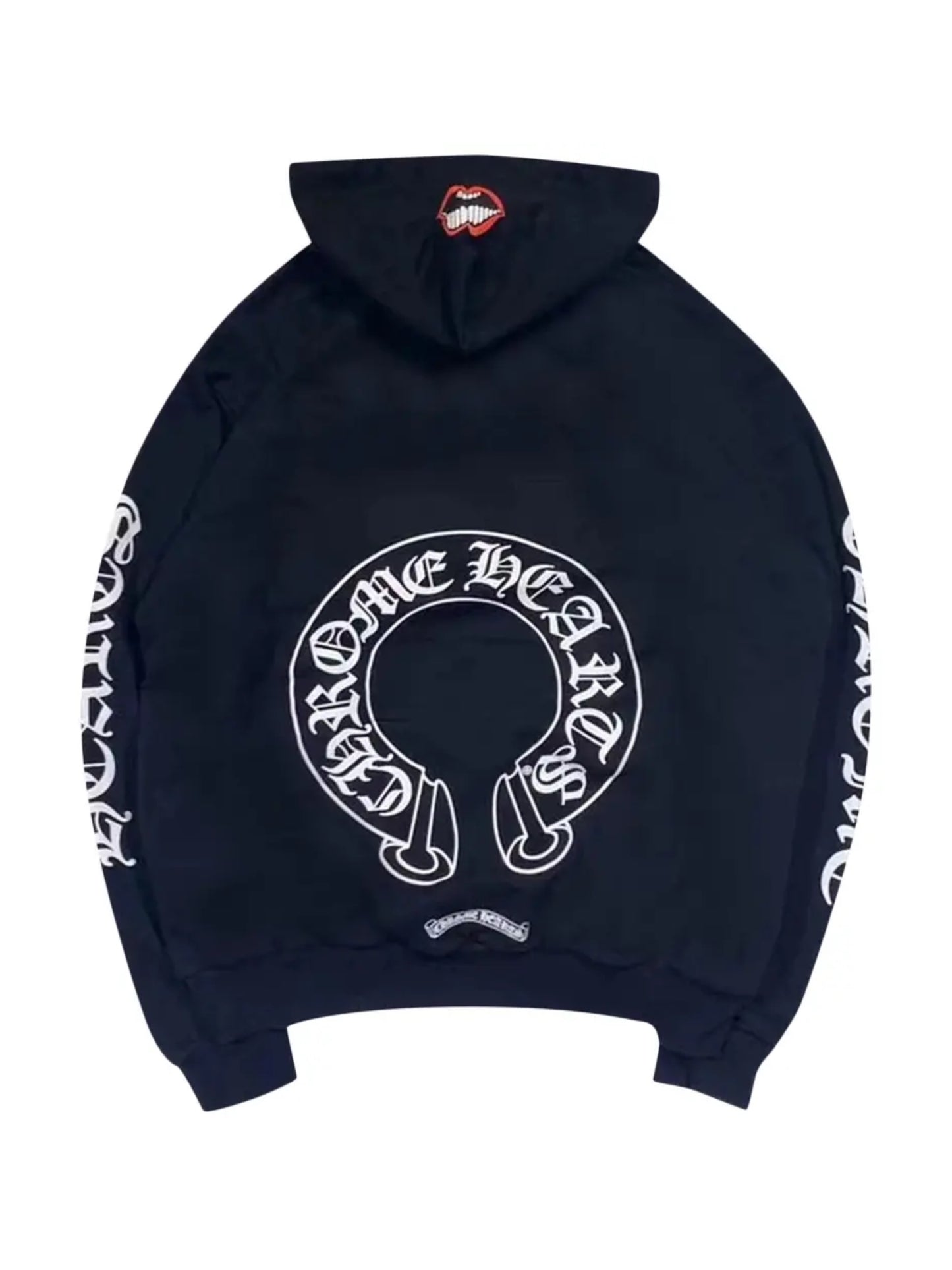 Chrome Hearts Matty Boy Red Chomper on Hood Logo Script Sleeve Horseshoe Logo Back Hoodie Black Size XXL C118460490-Used