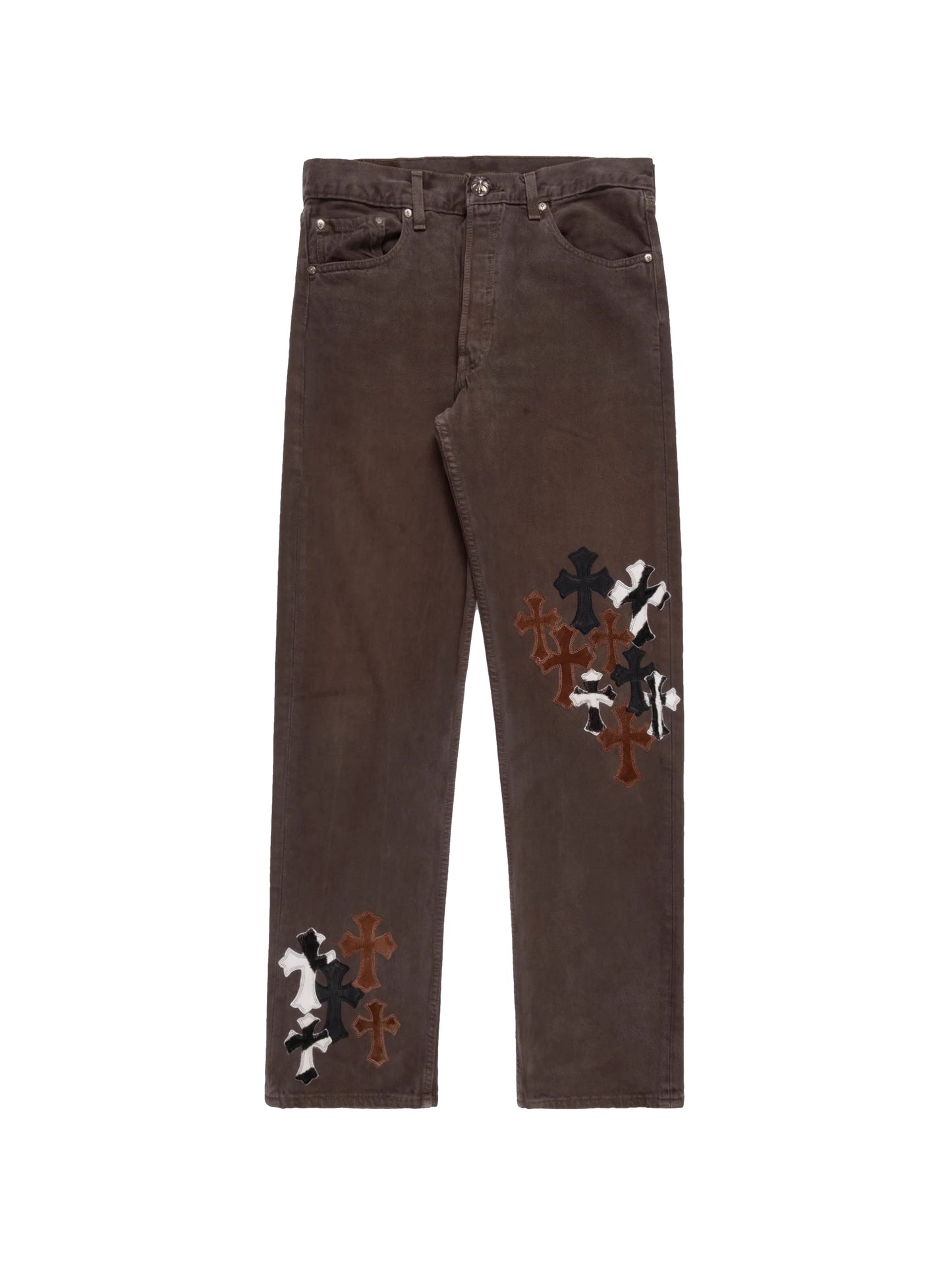 Chrome Hearts Levis Chocolate Brown Denim with Multi Cross Patch Jeans Brown