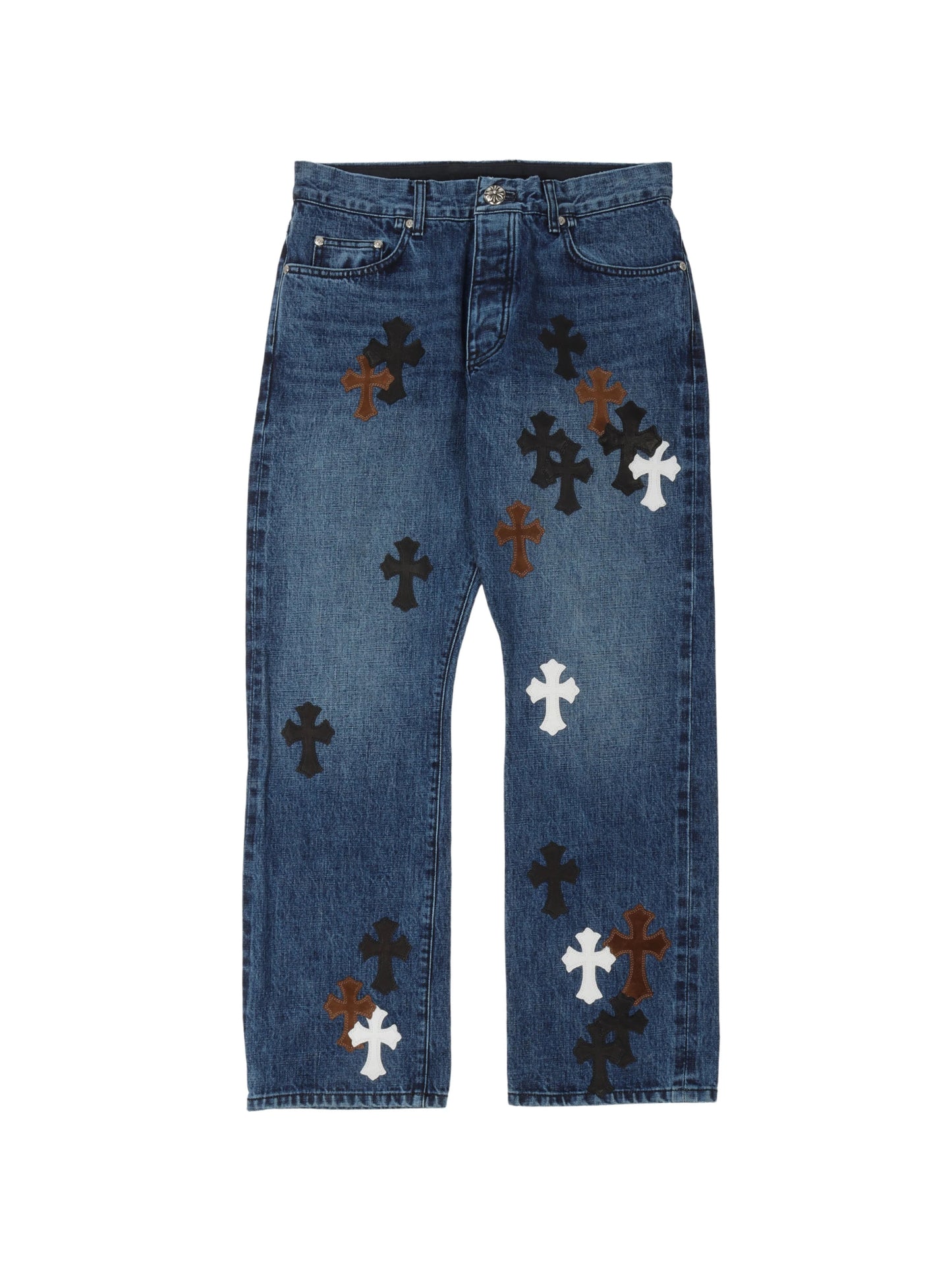 Chrome Hearts Brown & Black & White Multi Cross Patch Carpenter Jeans Blue