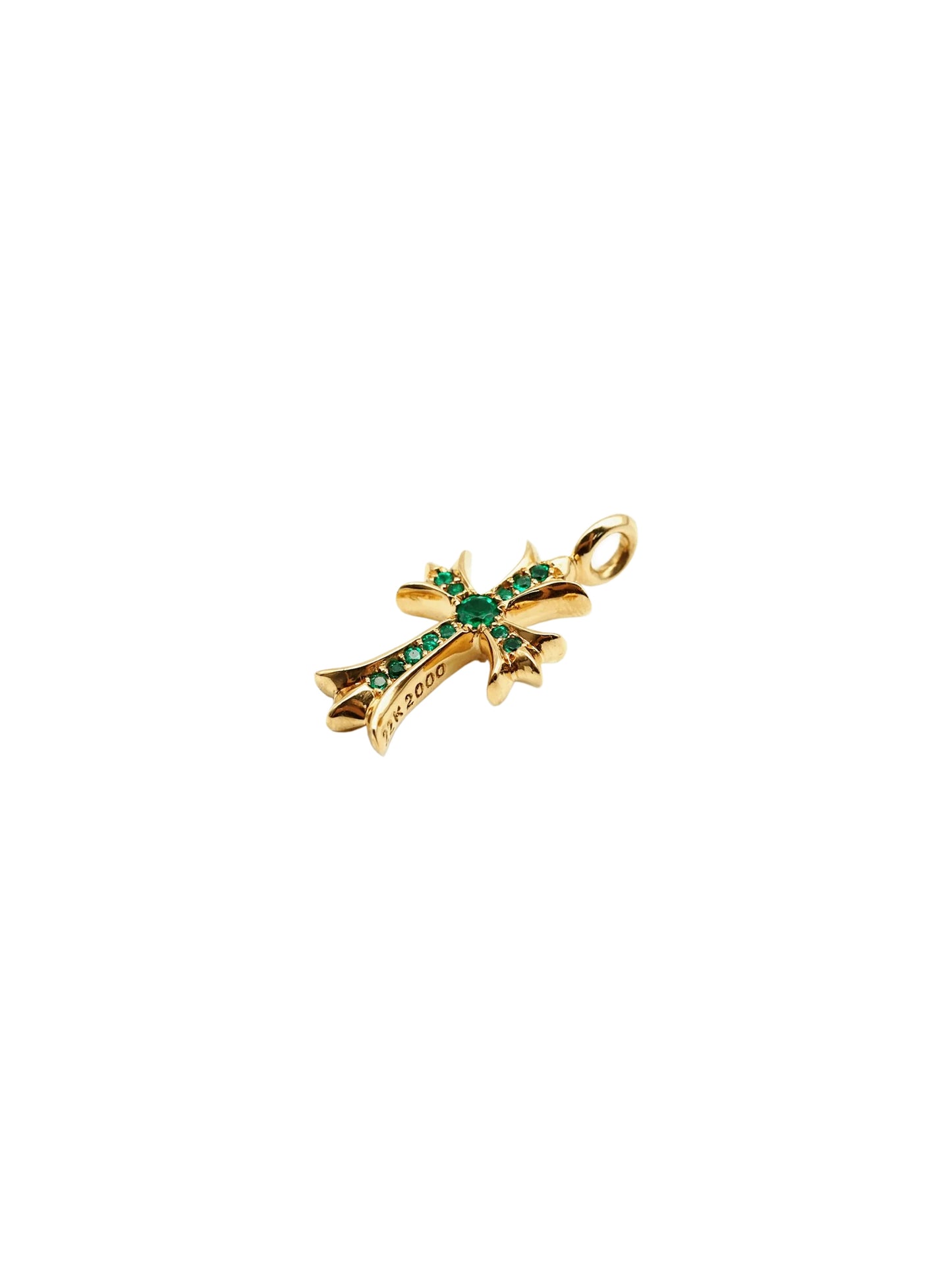 Chrome Hearts 22K Gold Cross With Green Sapphire Pendant