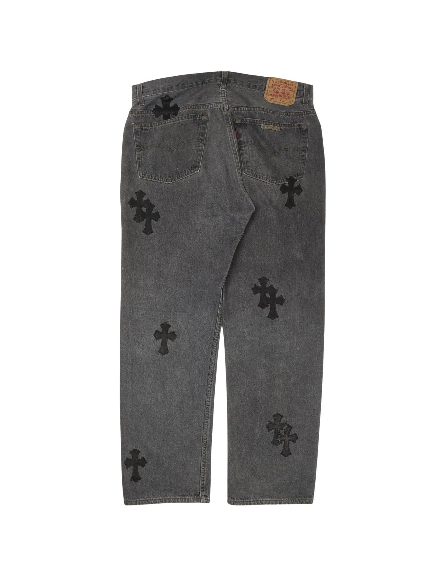 Chrome Hearts Levis 501 Grey Denim Black Multi Cross Patch Jeans Black
