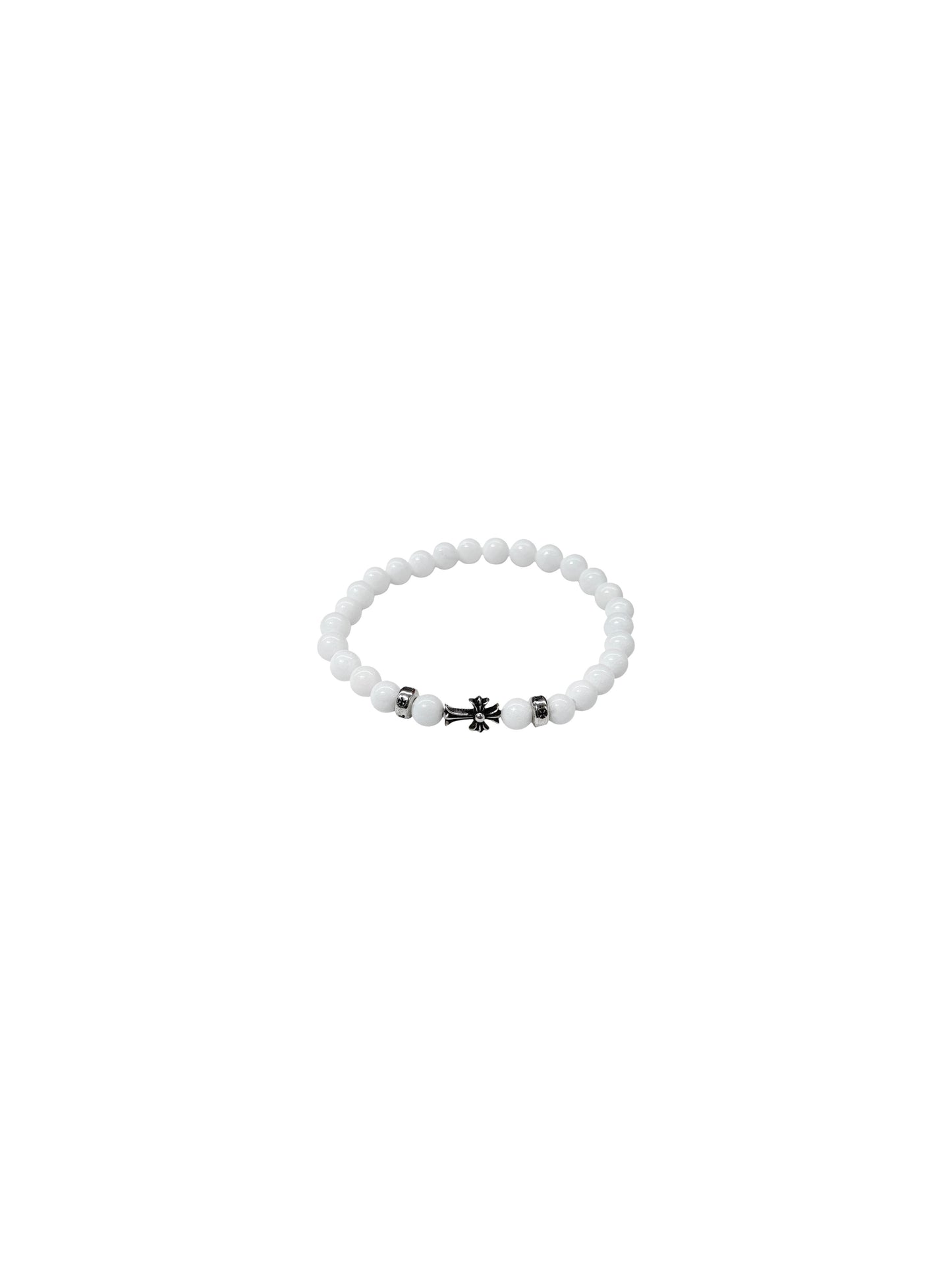 Chrome Hearts 6mm Pure White Bead Bracelet with Horizontal Silver Baby Fat