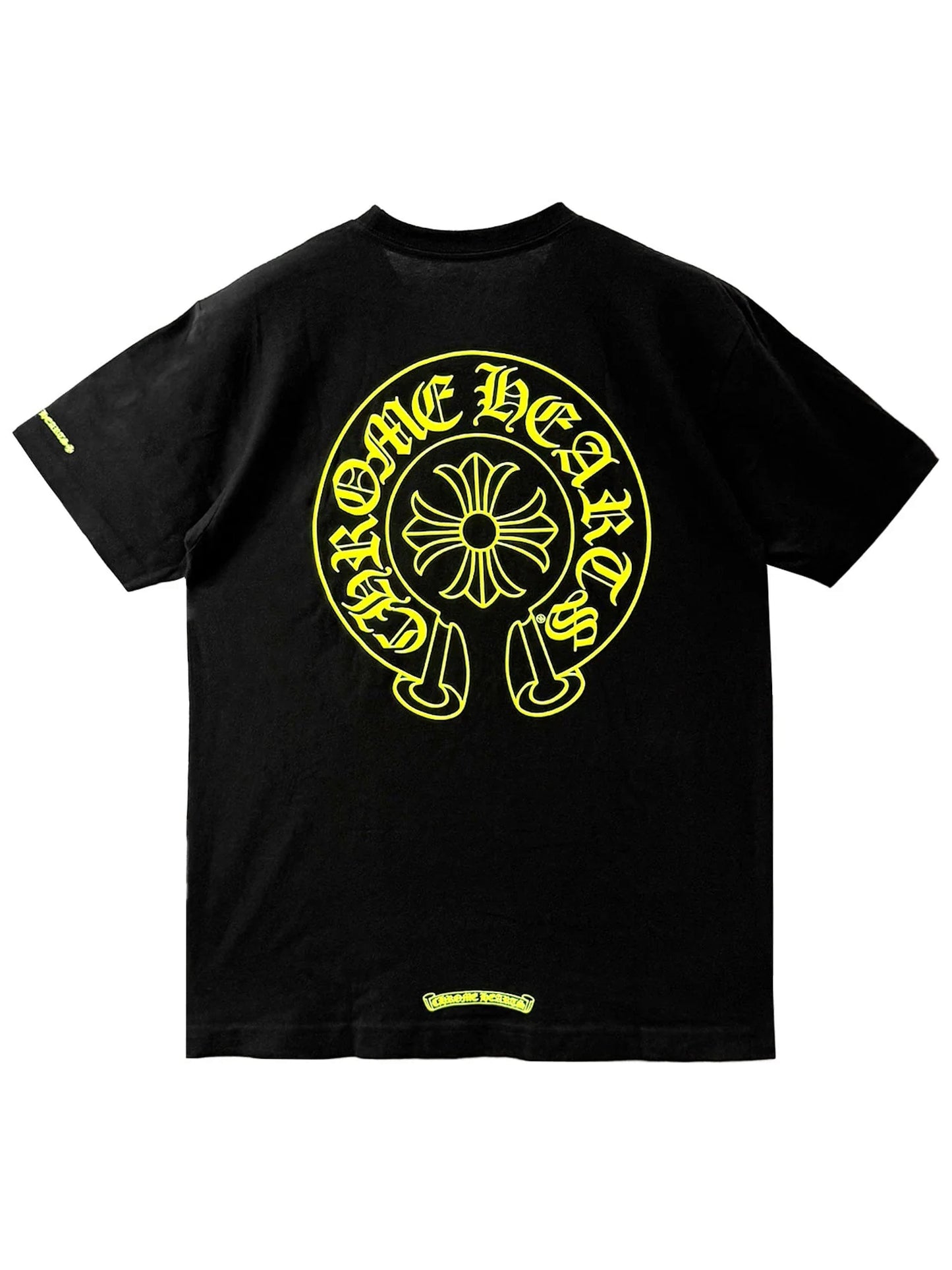 Chrome Hearts Neon Green Horseshoe Logo Floral Sleeve Tee Black
