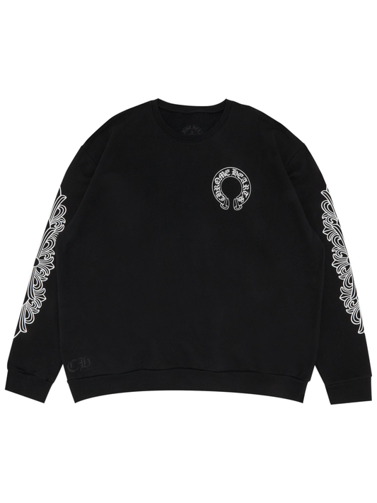 Chrome Hearts Horseshoe Logo Back with Floral Sleeve Crewneck Black