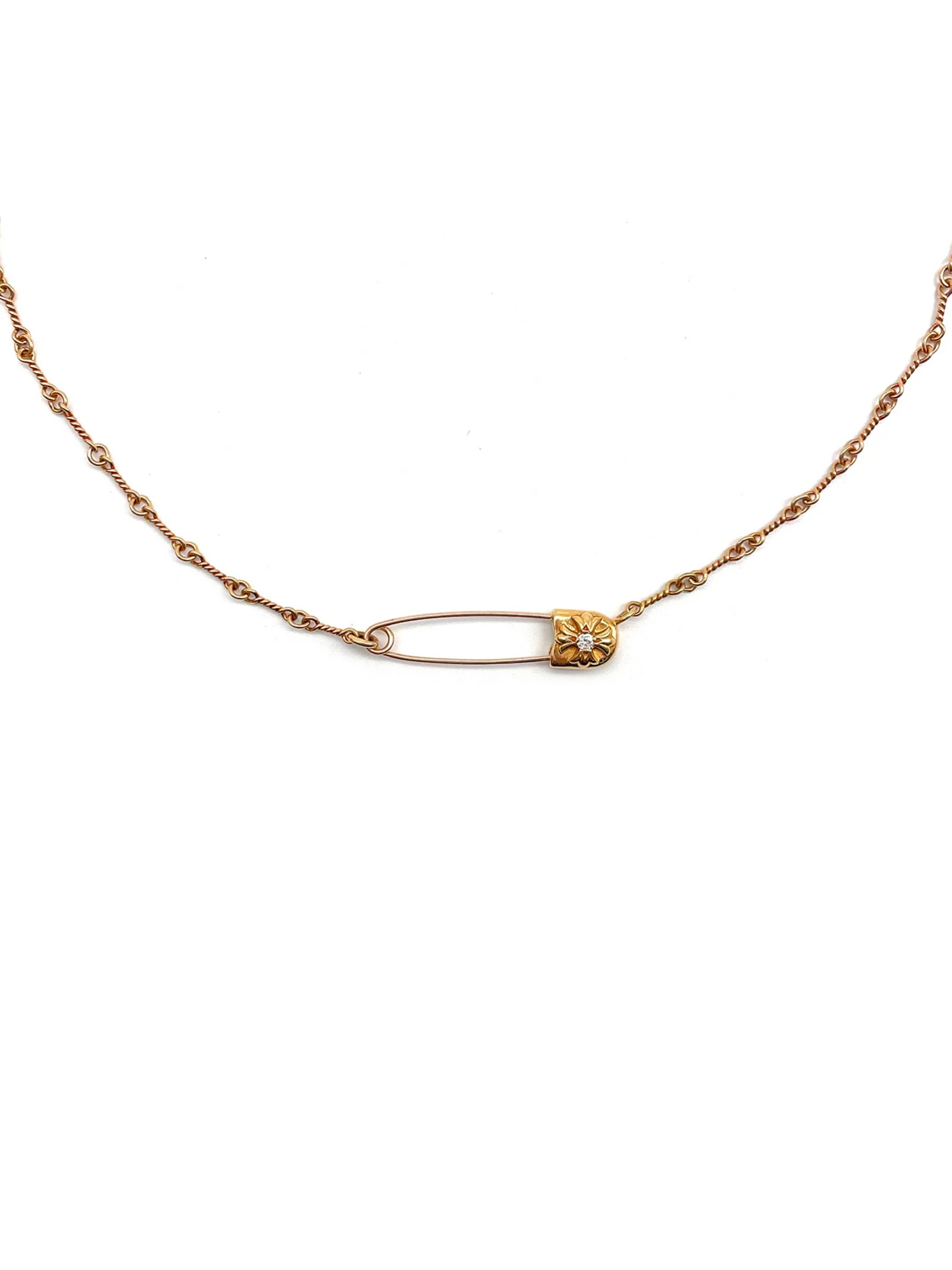 Chrome Hearts 22k Gold Twist Chain Safety Pin Clip Necklace with Diamond