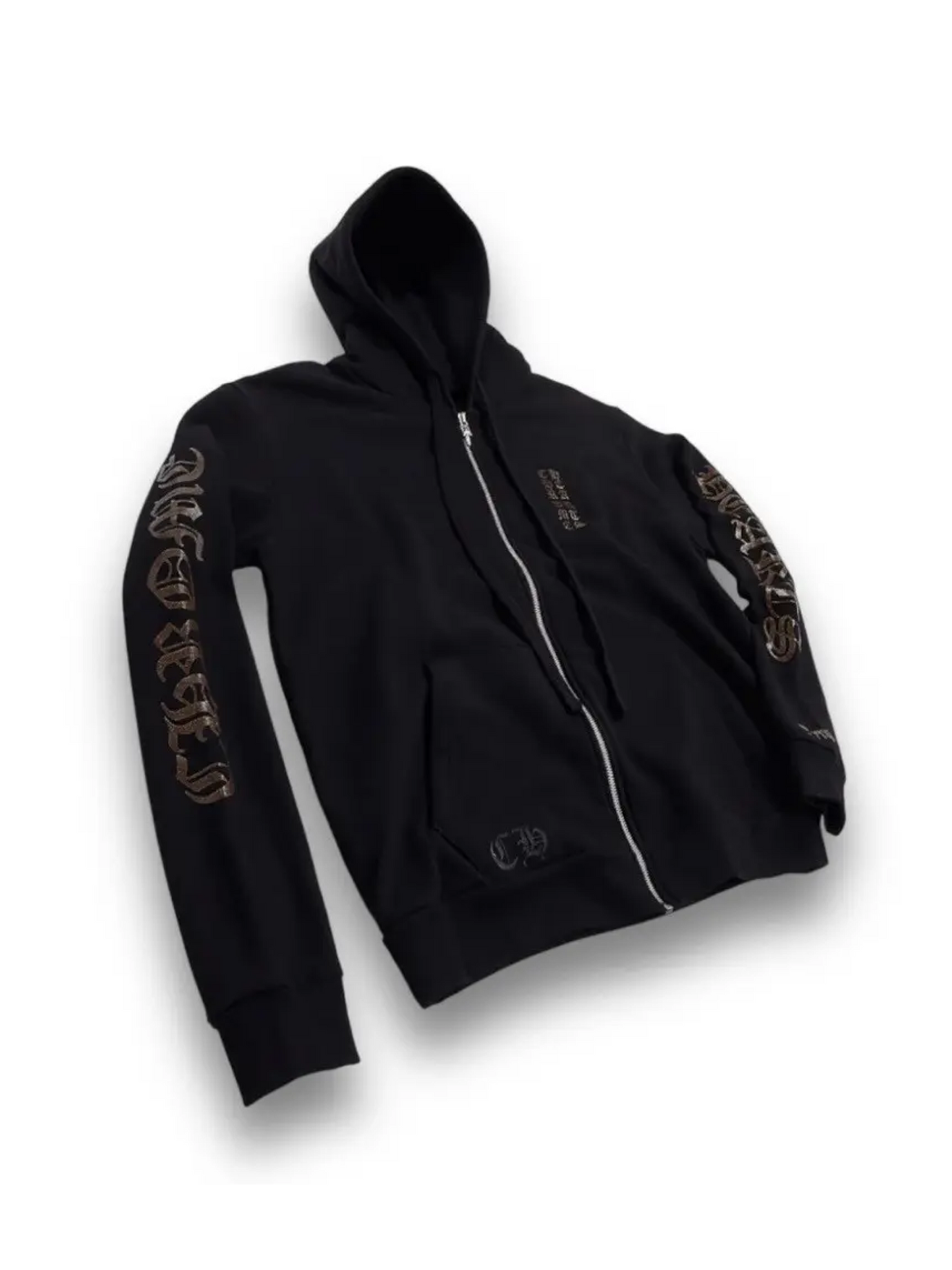 Chrome Hearts Brown Glitter Vertical Logo Zip Hoodie Black