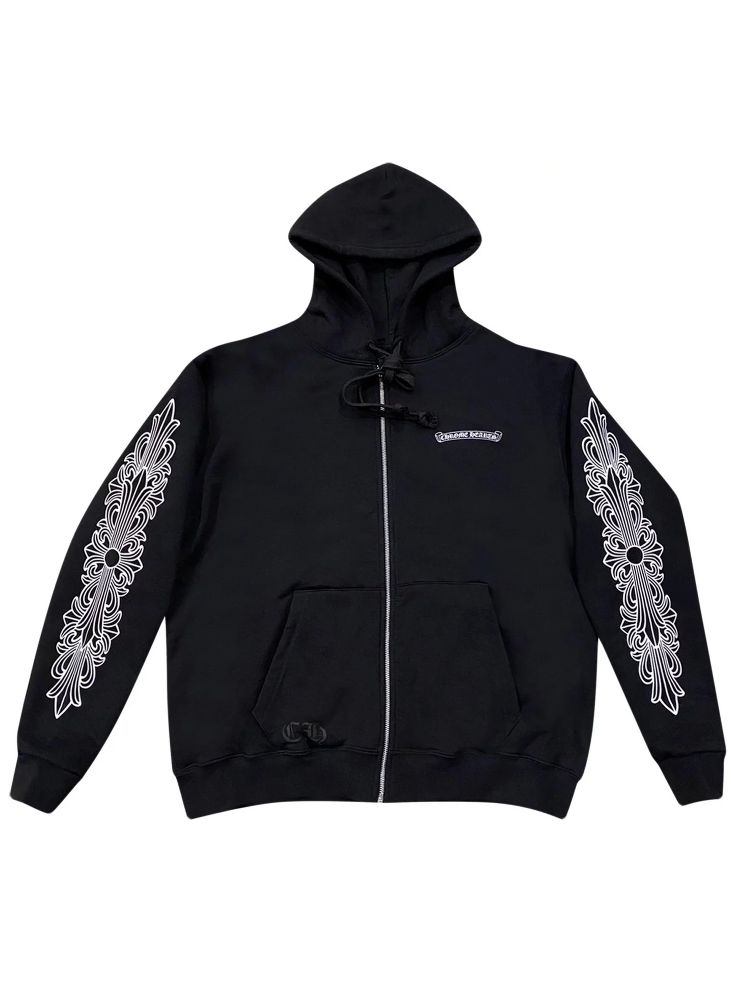 Chrome Hearts Scroll Logo Back with Floral Sleeve Aspen Exclusive Zip Up Hoodie Black