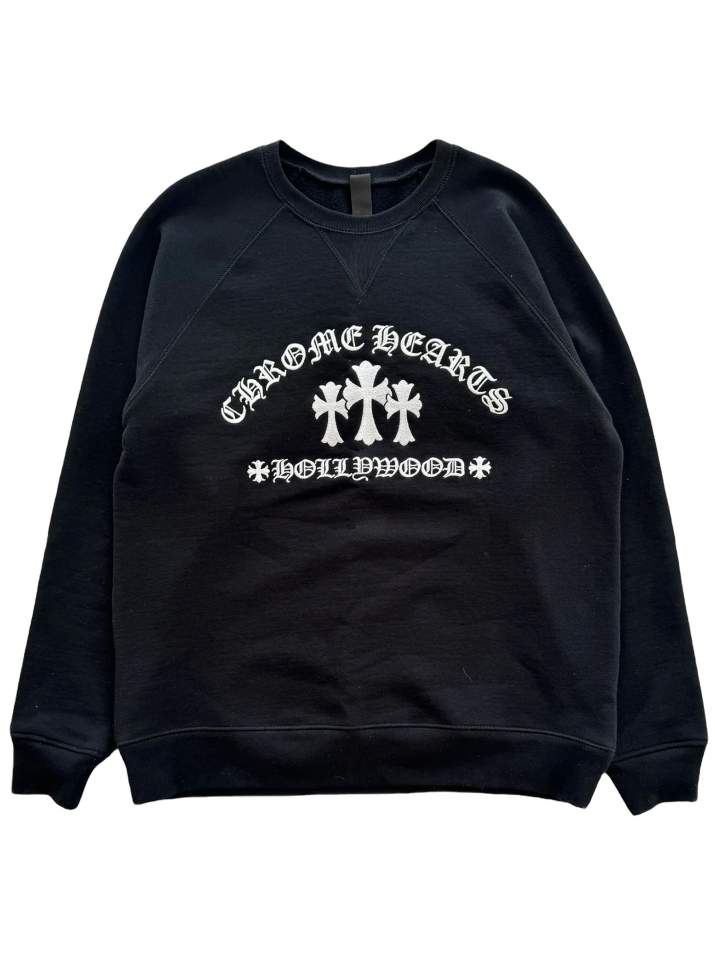 Chrome Hearts Triple Cross Hollywood Embroidery Front with Silver Scroll Back Crewneck Black