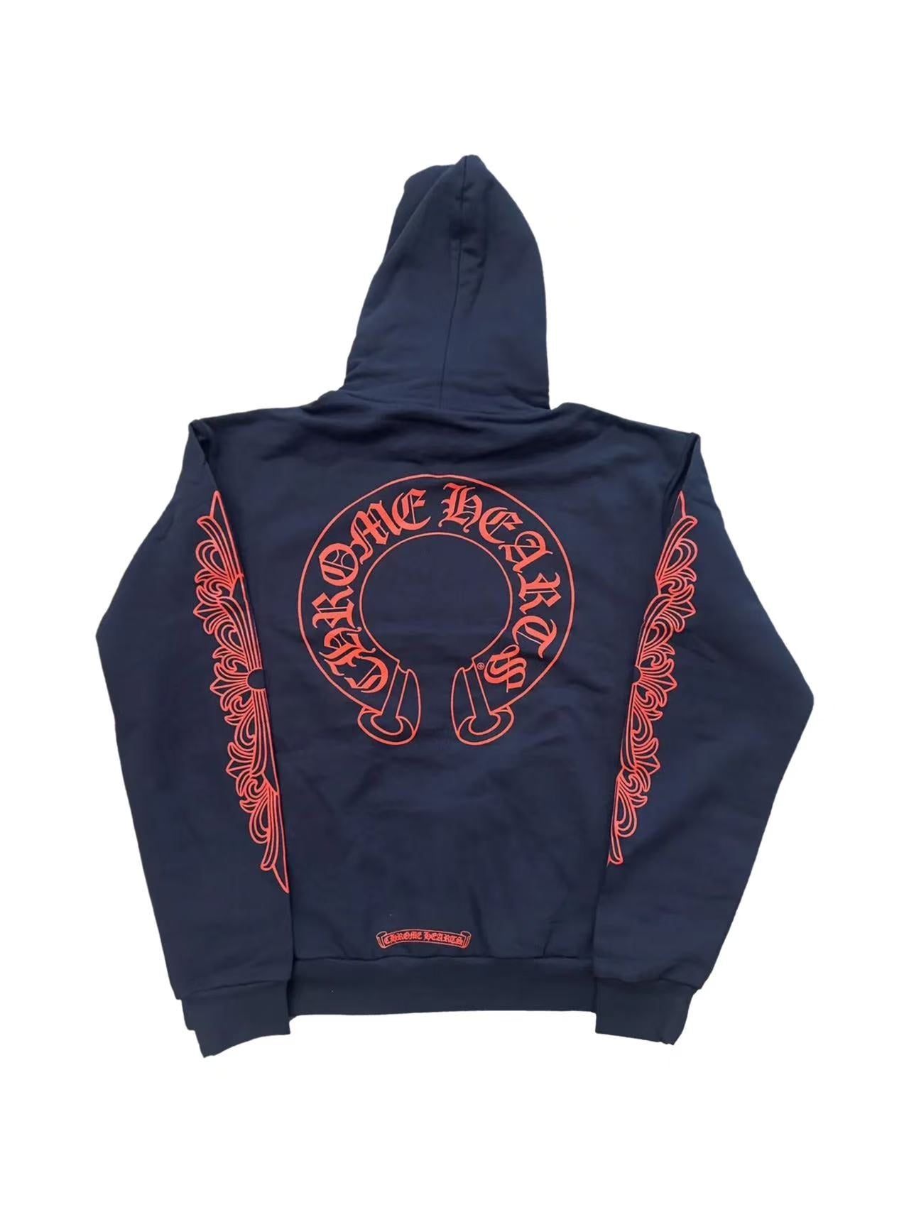 Chrome Hearts Red Horseshoe Logo Floral Sleeve Hoodie Navy Blue