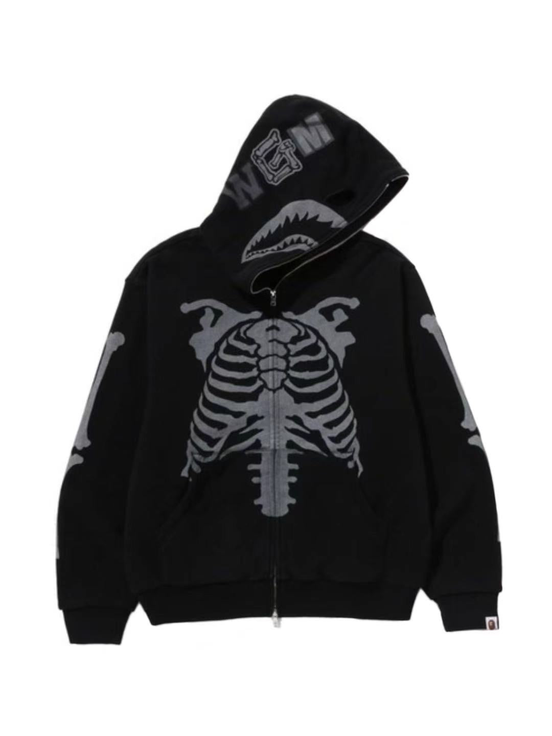 Bape Skeleton Shark Heavy Washed Cropped Fit Full Zip Hoodie Black