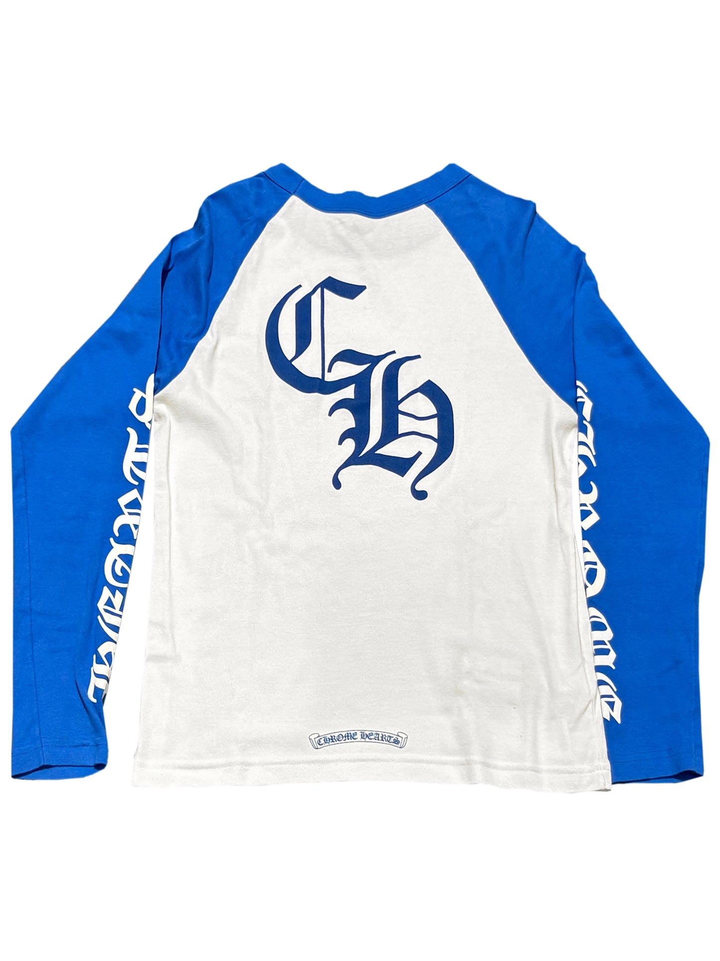 Chrome Hearts Horseshoe Logo Front Blue Script Sleeve Baseball LS Tee White S C118743201-Used