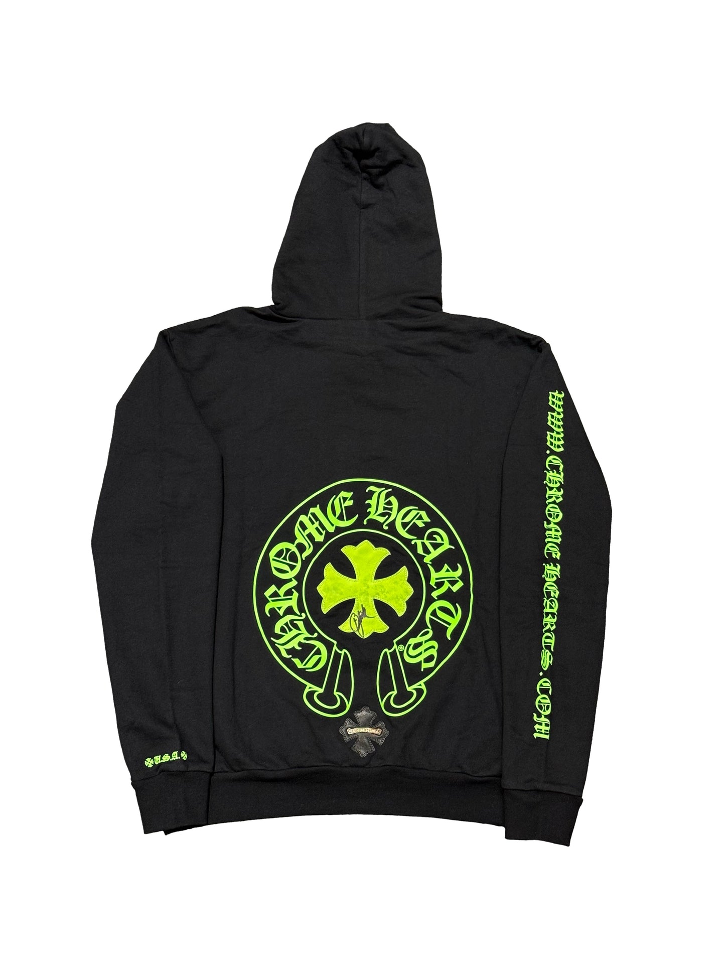 Chrome Hearts Green Website Sleeve Horseshoe Logo Leather Patches Silver Scroll Tag Back Friends and Family Autographed Hoodie Black