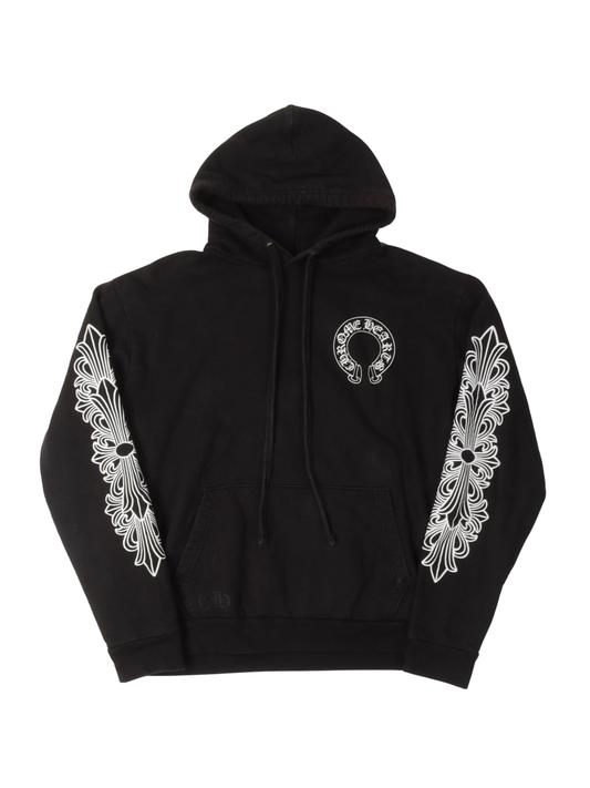 Chrome Hearts Horseshoe Logo Floral Sleeve Hoodie Black