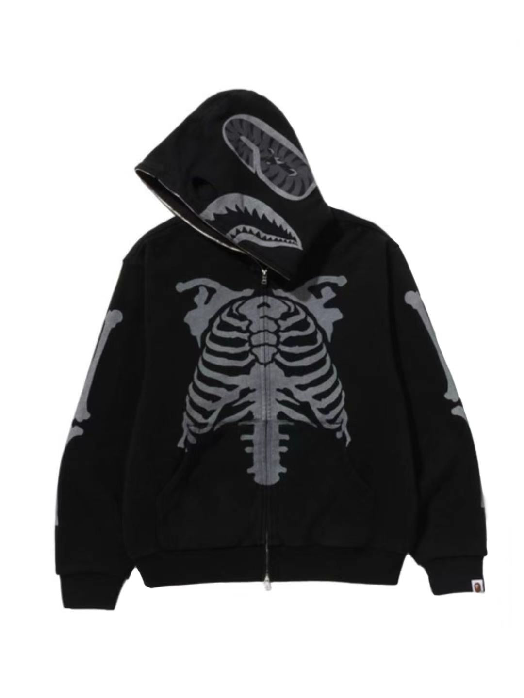 Bape Skeleton Shark Heavy Washed Cropped Fit Full Zip Hoodie Black