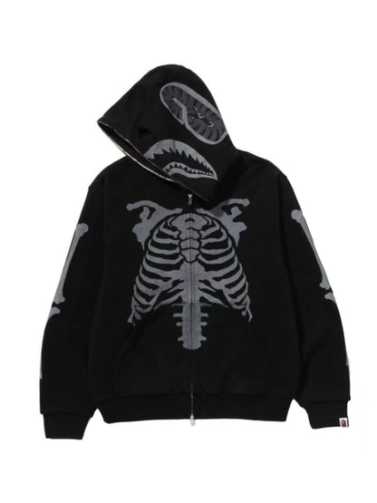 Bape Skeleton Shark Heavy Washed Cropped Fit Full Zip Hoodie Black