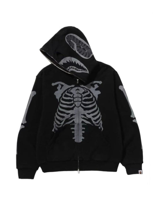 Bape Skeleton Shark Heavy Washed Cropped Fit Full Zip Hoodie Black