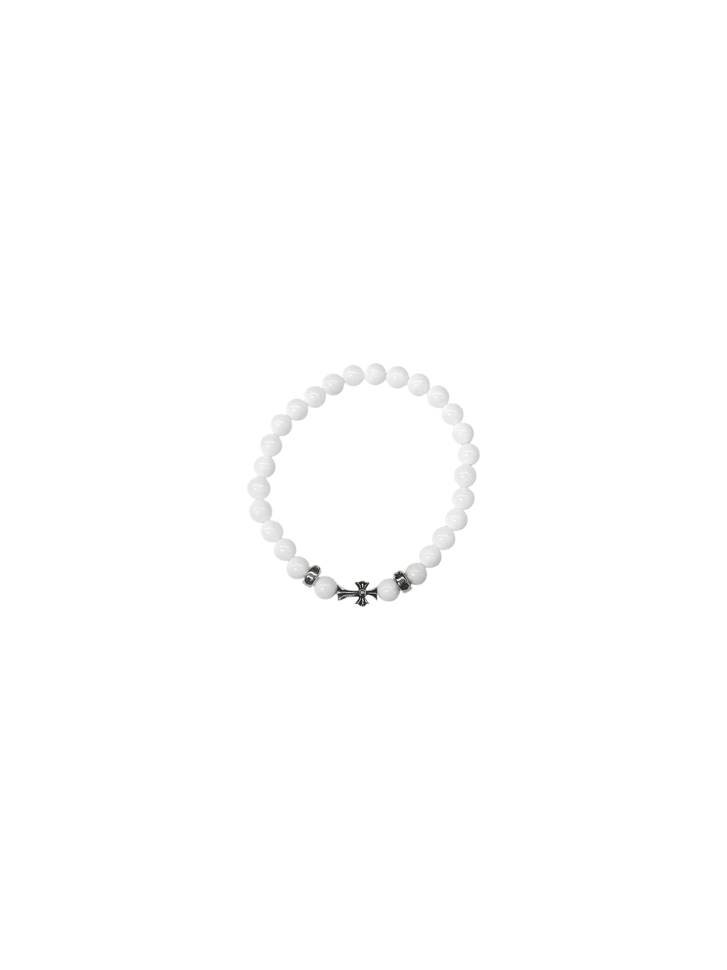 Chrome Hearts 6mm Pure White Bead Bracelet with Horizontal Silver Baby Fat