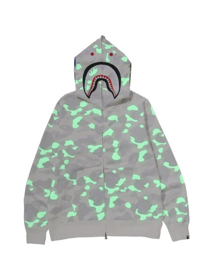 Bape City Camo Shark Full Zip Hoodie Glow in Dark White