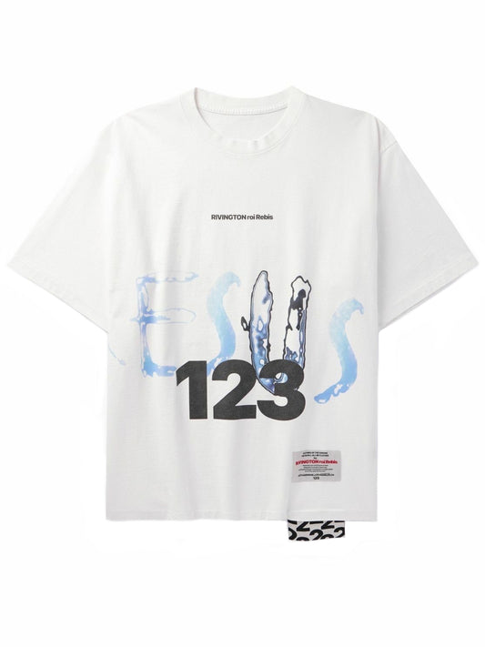 RRR123 White Cesus Saves World Tour Logo-Print Appliquéd Tee