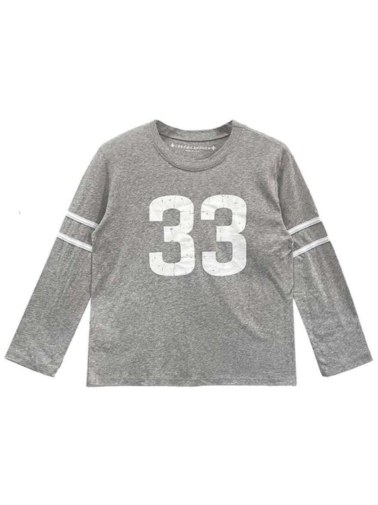 Chrome Hearts White Stripe Sleeve Destroyed 33 Front Horseshoe Logo Back LS Tee Grey
