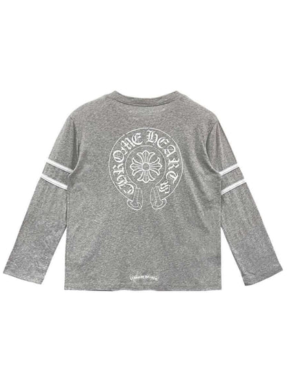 Chrome Hearts White Stripe Sleeve Destroyed 33 Front Horseshoe Logo Back LS Tee Grey