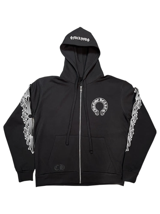Chrome Hearts Horseshoe Logo Floral Sleeve Fxxk You Print on Hood Zip Hoodie Black