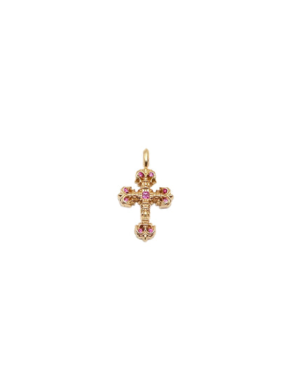 Chrome Hearts 22K Gold Tiny Filigree Cross with Pink Sapphire Pendant