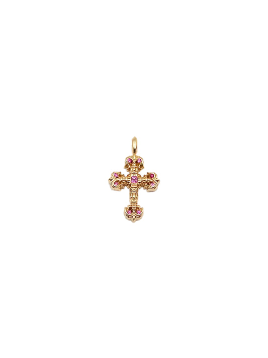 Chrome Hearts 22K Gold Tiny Filigree Cross with Pink Sapphire Pendant