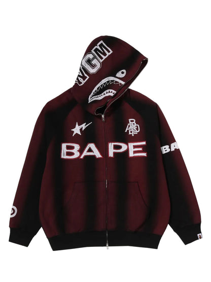 Bape Hand Draw Football Shark Full Zip Hoodie Relaxed Fit Red