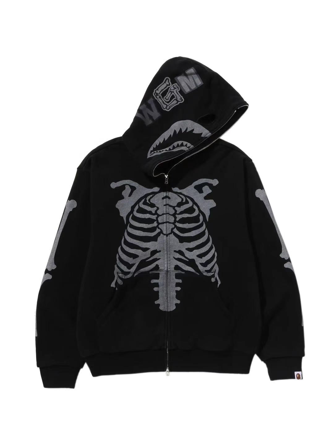 Bape Skeleton Shark Heavy Washed Cropped Fit Zip Hoodie Black