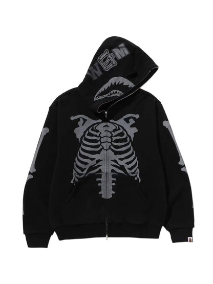 Bape Skeleton Shark Heavy Washed Cropped Fit Zip Hoodie Black