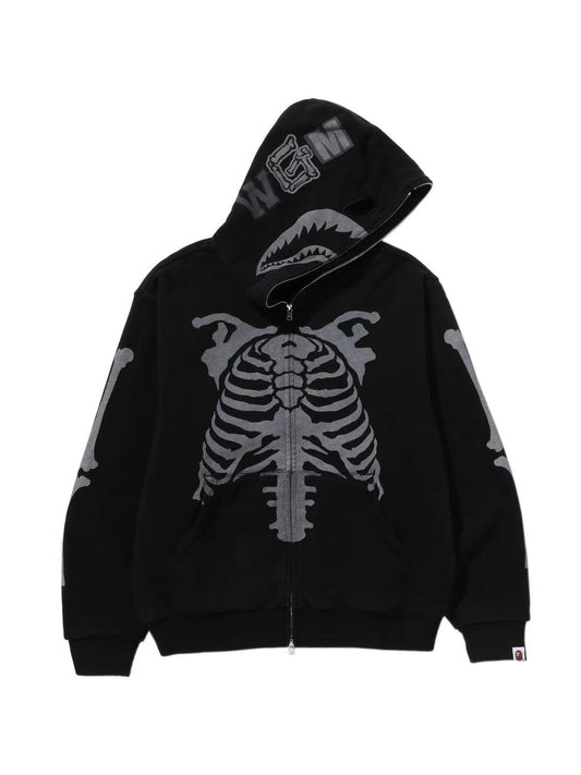 Bape Skeleton Shark Heavy Washed Cropped Fit Zip Hoodie Black