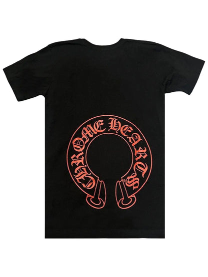 Chrome Hearts Red Scroll Logo Front Neck Script Horseshoe Logo Back Pocket Tee Black