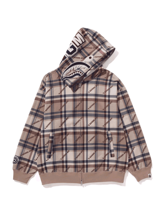 A Bathing Ape Logo Check Pattern Shark Full Zip Hoodie