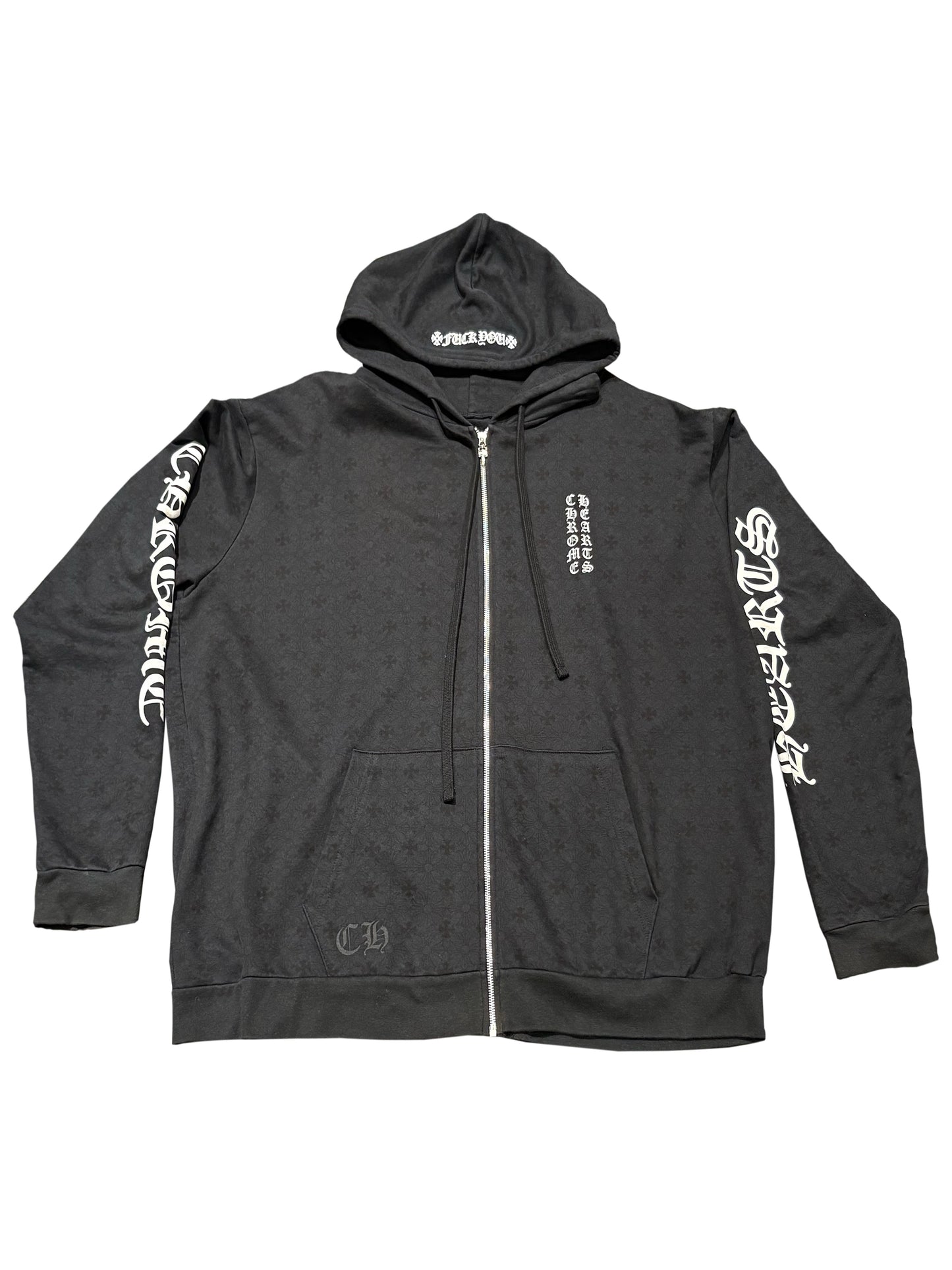 Chrome Hearts Vertical Logo Full Graphic Printed Zip Hoodie Black XXL C117062983-Used