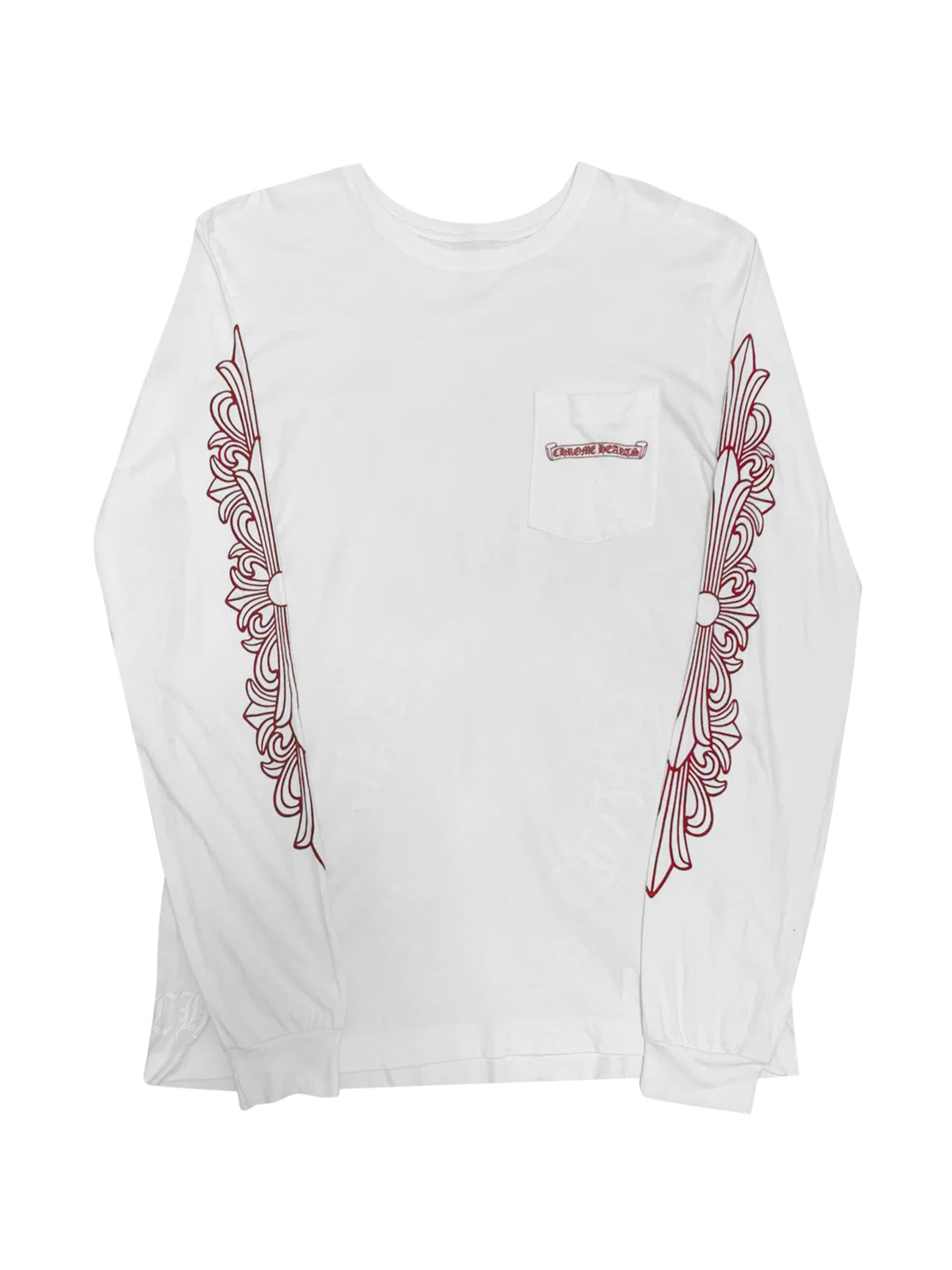 Chrome Hearts Dark Red Floral Sleeve White Horseshoe Logo Back LS Tee White
