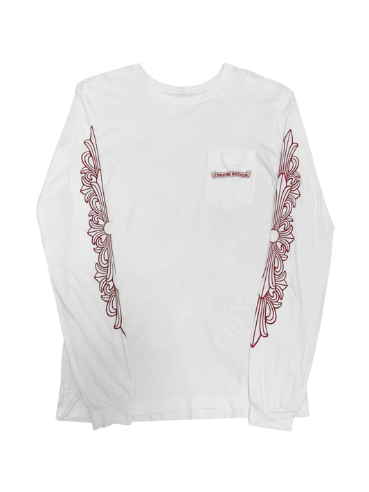 Chrome Hearts Dark Red Floral Sleeve White Horseshoe Logo Back LS Tee White