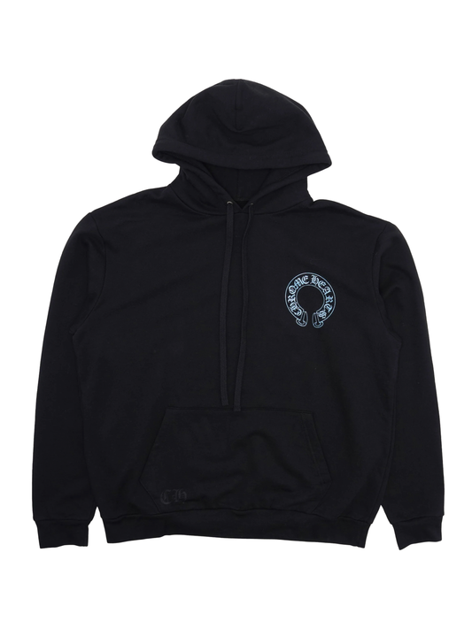 Chrome Hearts Family & Friend Exclusive Baby Blue Print Horseshoe Logo Front Floral Sleeve USA Shoulder Logo Back Hoodie Black