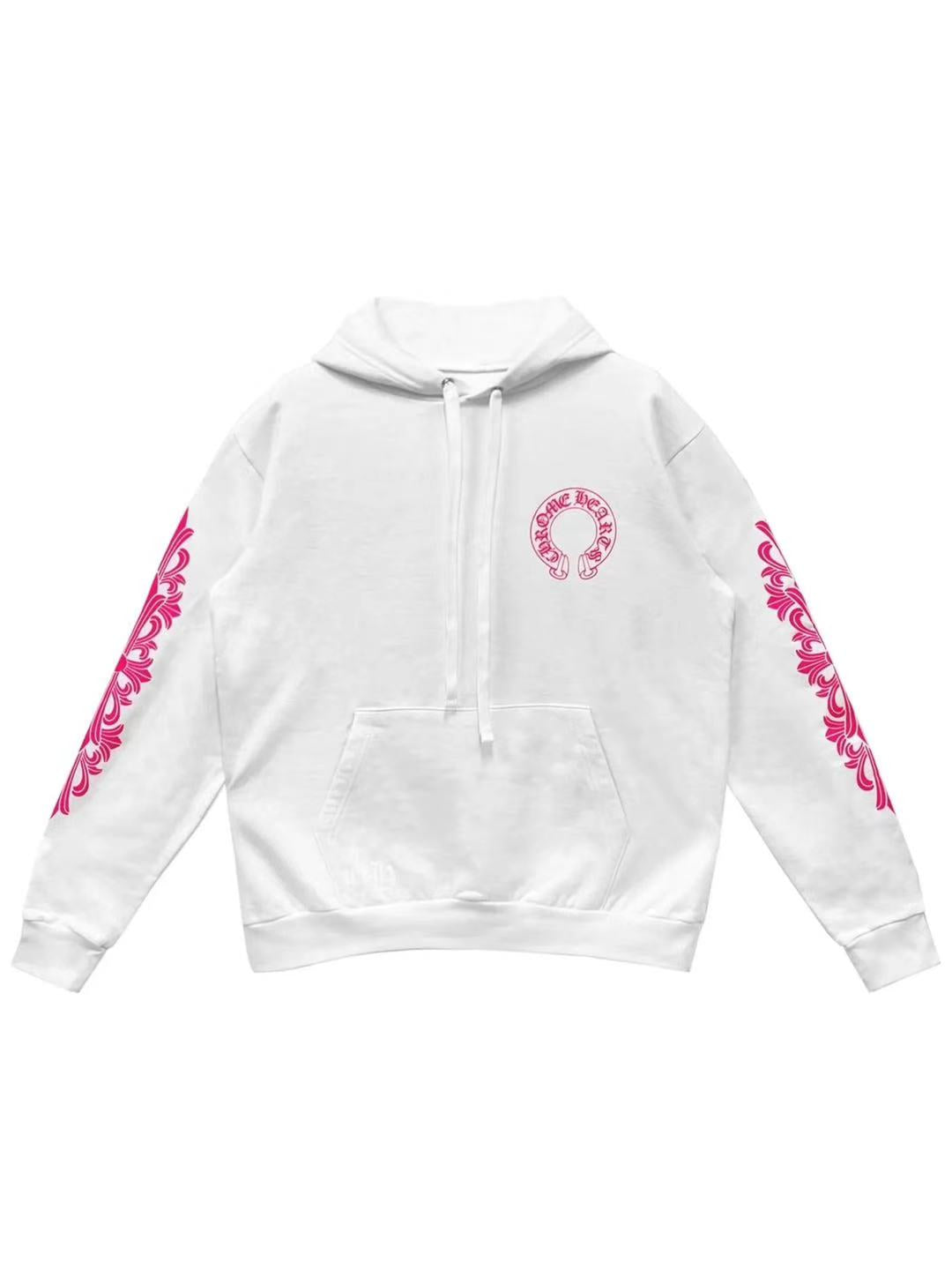 Chrome Hearts Pink Horseshoe Logo with Floral Sleeve Hoodie White