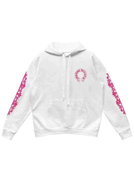 Chrome Hearts Pink Horseshoe Logo with Floral Sleeve Hoodie White