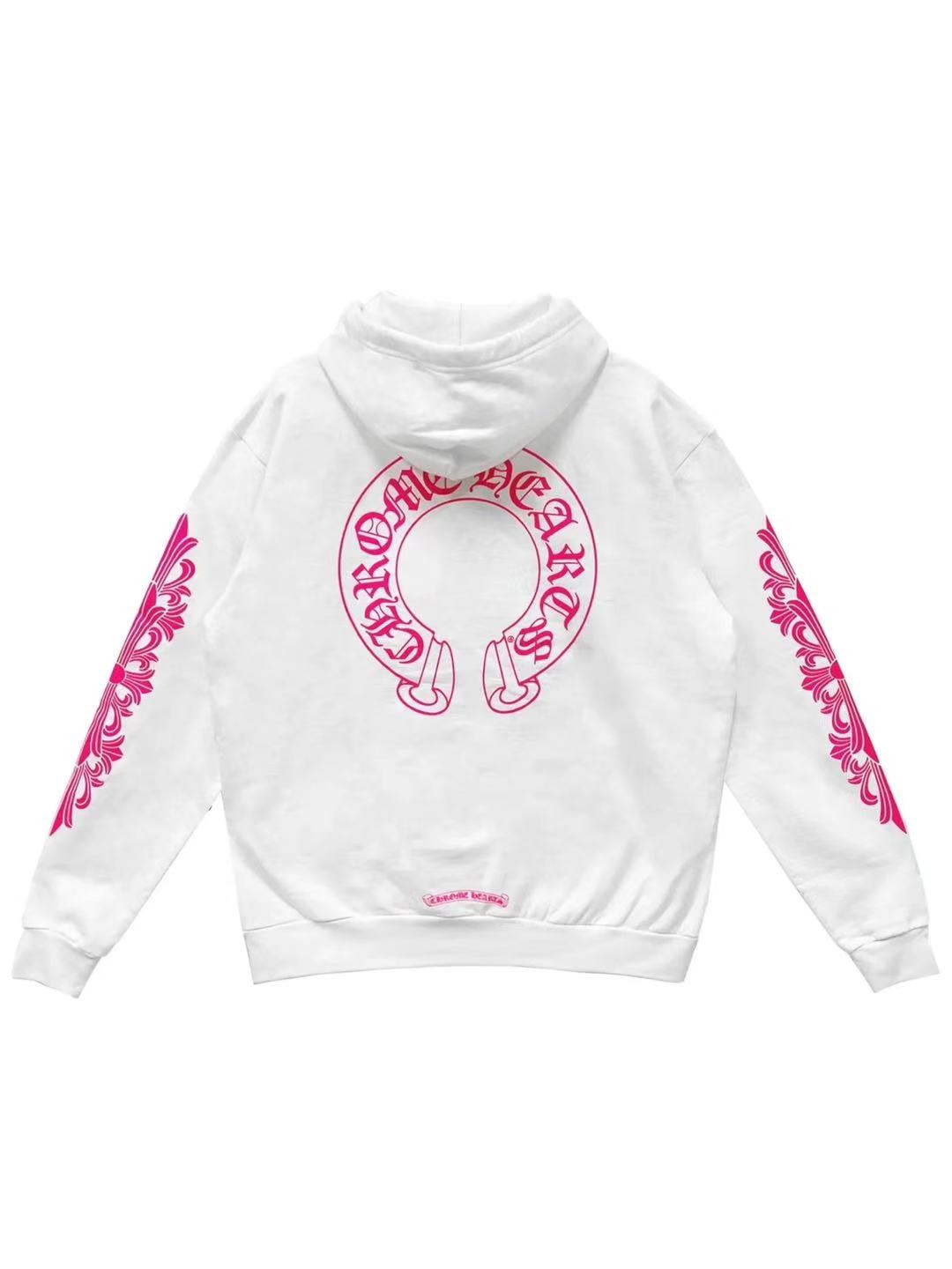 Chrome Hearts Pink Horseshoe Logo with Floral Sleeve Hoodie White