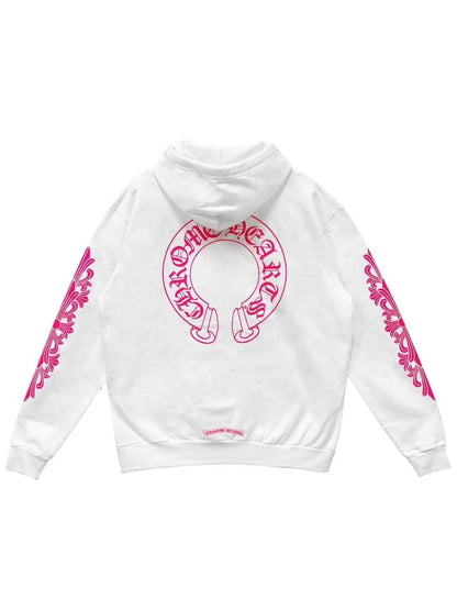 Chrome Hearts Pink Horseshoe Logo with Floral Sleeve Hoodie White